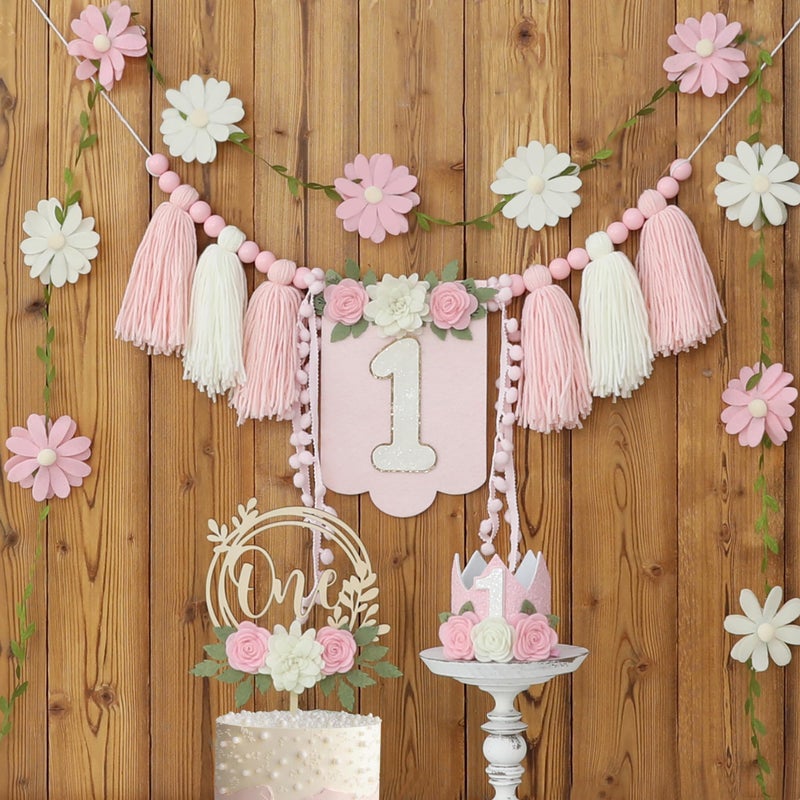 DCJHFJ Wildflower First High Chair Banner Birthday Decorations For Girl One Flower Cake Topper Floral Hat 1st Birthday Decoration Supplies - Image 1